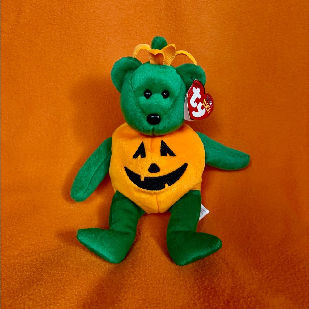 Ty Halloween Beanie Baby Tricky the Bear Wearing Pumpkin Costume VTG Plush 2003